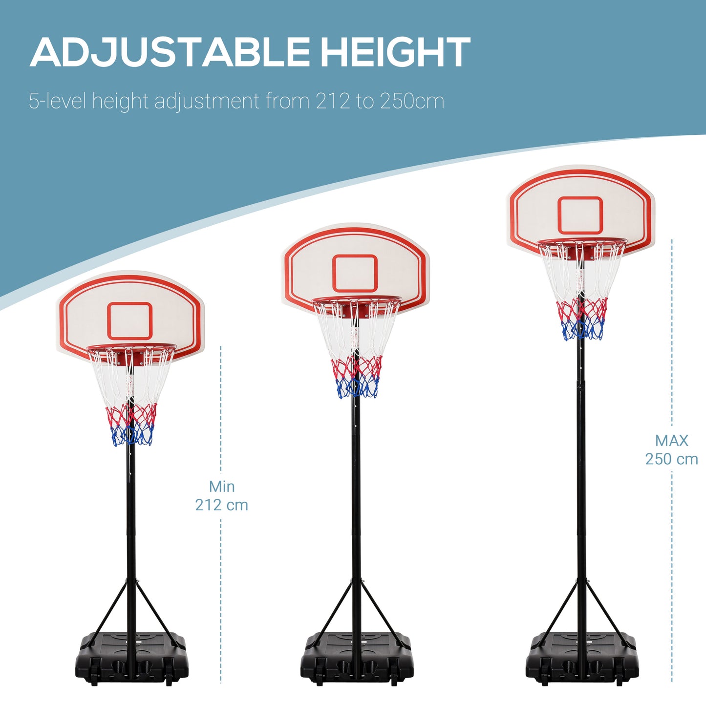 HOMCOM ortable Basketball Stand 175-215cm Adjustable Height Sturdy Rim Hoop w/ Large Wheels Stable Base Net Free Standing