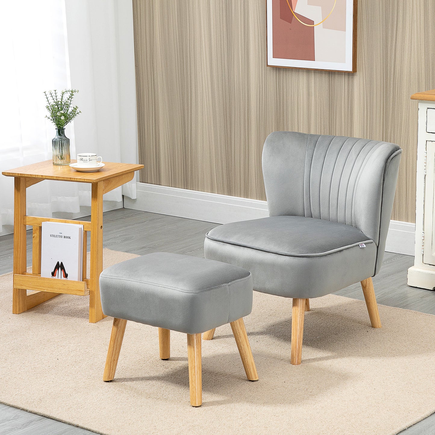 HOMCOM elvet Accent Chair Occasional Tub Seat Padding Curved Back with Ottoman Wood Frame Legs Home Furniture Light Grey