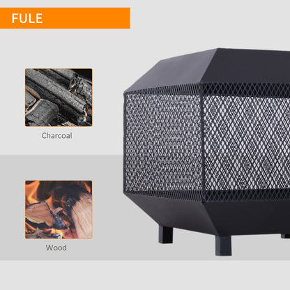 Outsunny Metal Square Fire Pit Outdoor Mesh Firepit Brazier w/ Lid, Log Grate, Poker for Backyard, Camping, Bonfire, Wood Burning Stove, 44 x 44 x 40cm, Black