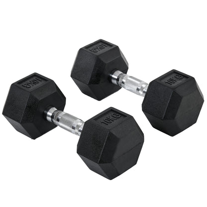 HOMCOM x10kg Hex Dumbbells Set Rubber Dumbbells Weight Lifting Equipment Fitness Home Gym