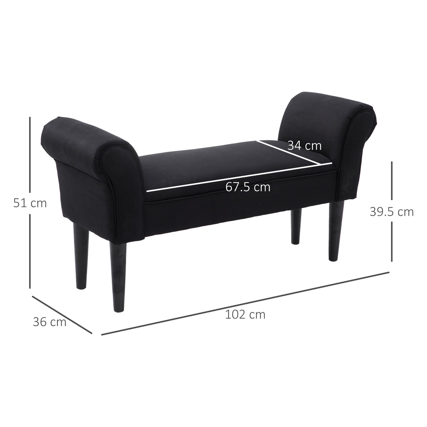 HOMCOM mall-sized Bed End Side Chaise Lounge Sofa Window Seat Arm Bench Wooden Leg Fabric Cover (Black)