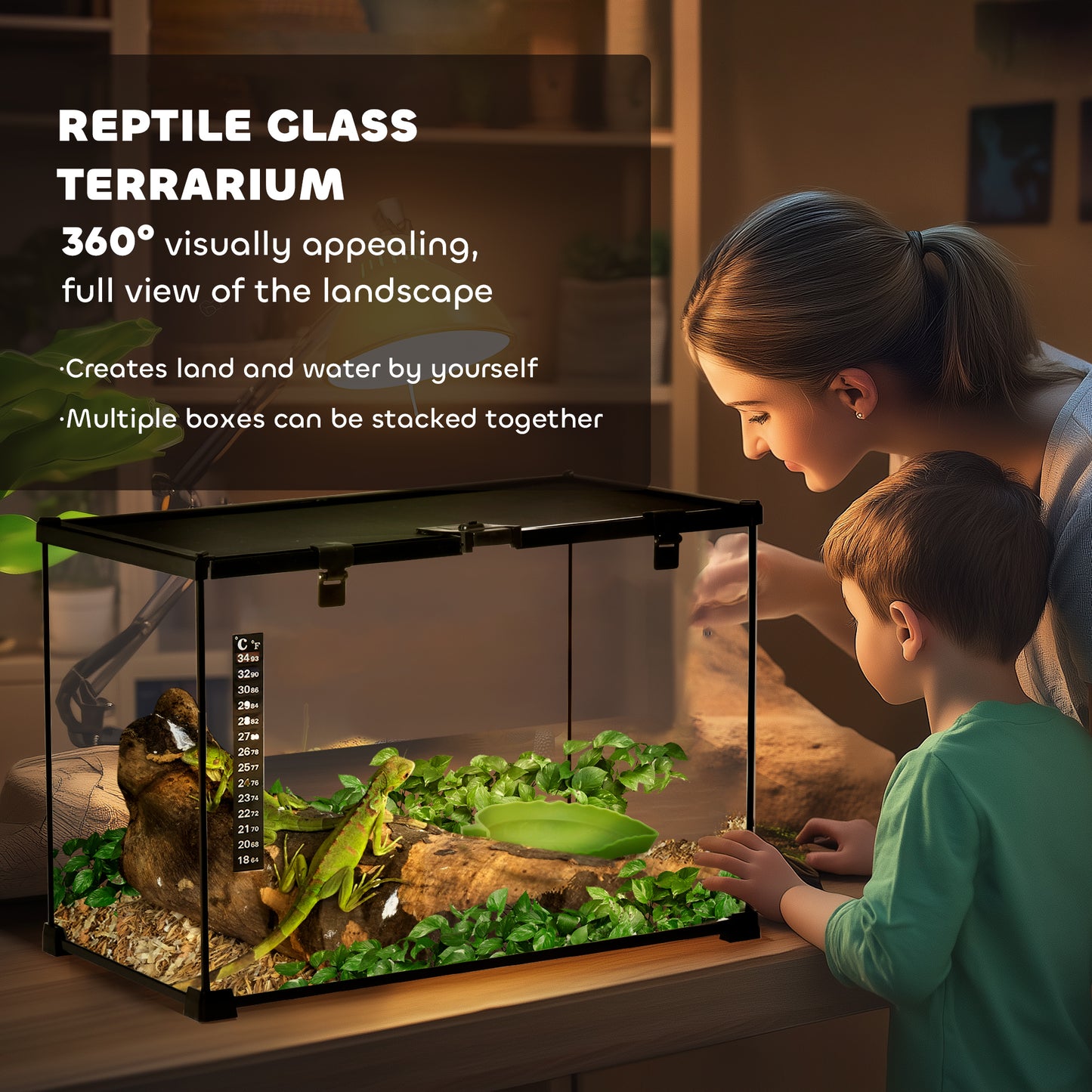 PawHut Glass Reptile Terrarium Insect Breeding Tank Vivarium Habitats with Thermometer for Lizards, Horned Frogs, Snakes, Spiders - Large 50 x 30 x 35cm