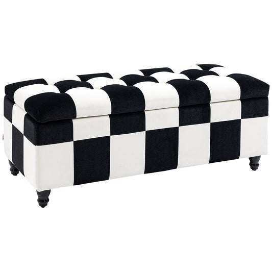 HOMCOM 14 x 47 x 47cm Velvet Storage Ottoman, Button-tufted Footstool Box, Toy Chest with Lid for Living Room, Bedroom, White and Black