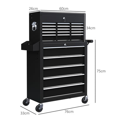 HOMCOM 9 Drawer, Two-Part Tool Storage Chest on Wheels - Black