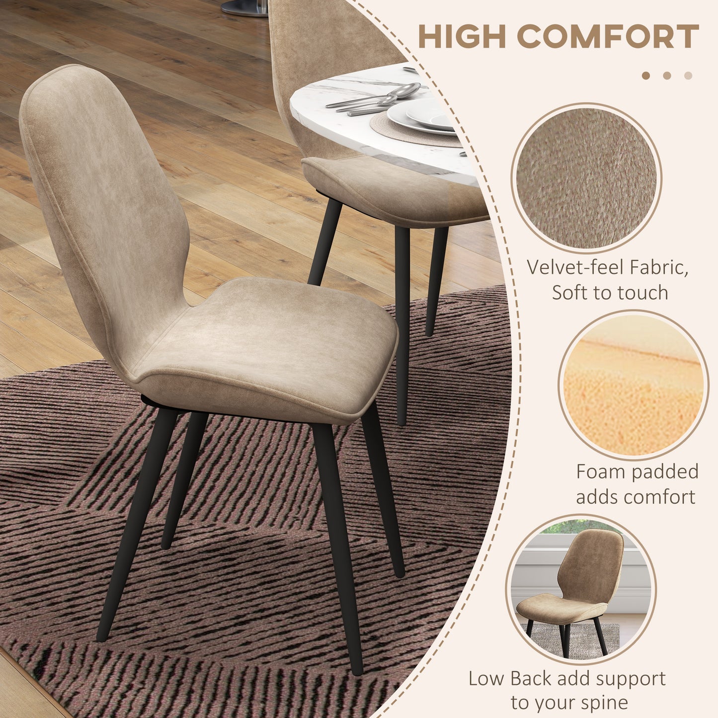 HOMCOM elvet Dining Chairs, Set of 2 Dining Room Chairs with Metal Legs for Living Room, Dining Room, Light Brown