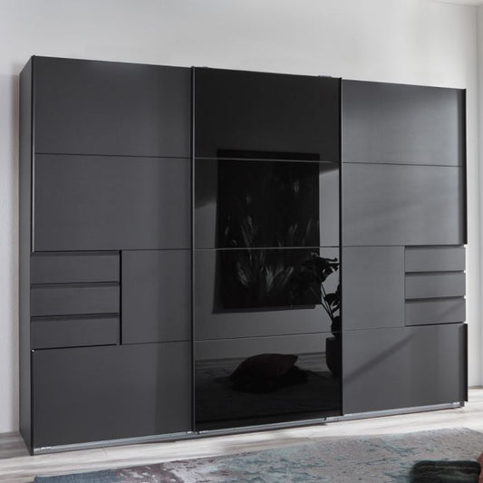 Senegal 3 Door Sliding Wardrobe with Mirror in Black | Modern Bedroom Essential | Furco