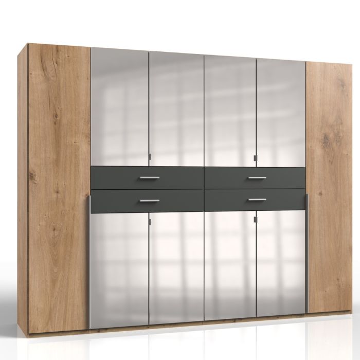 Denver 6 Door Wardrobe | Mirrored with Drawers | Planked Oak & Graphite | Furco