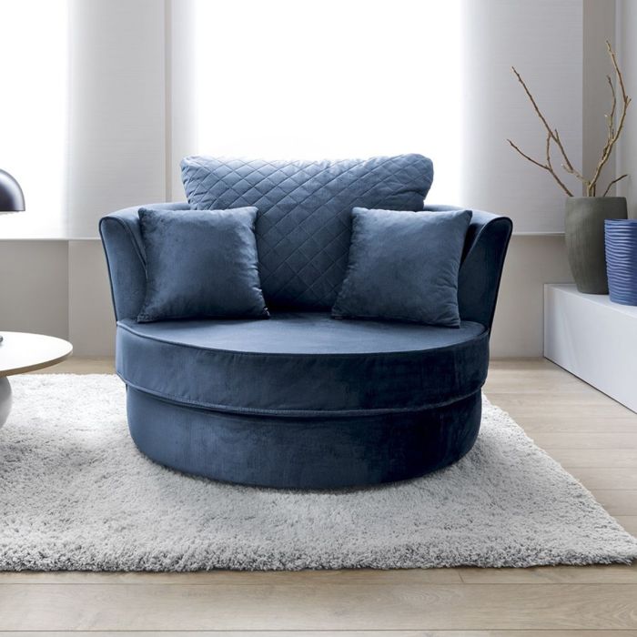 FURCO 360° Swivel Chair - Comfortable Dark Blue Velvet Armchair with Extra Foam Cushions