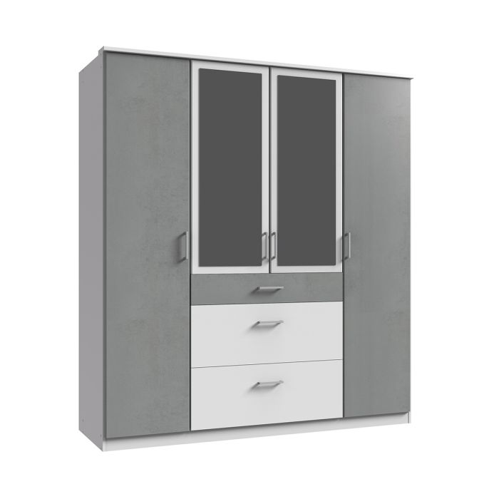 Cadiz White and Grey 4-Door Mirrored Wardrobe with Spacious Storage Solutions