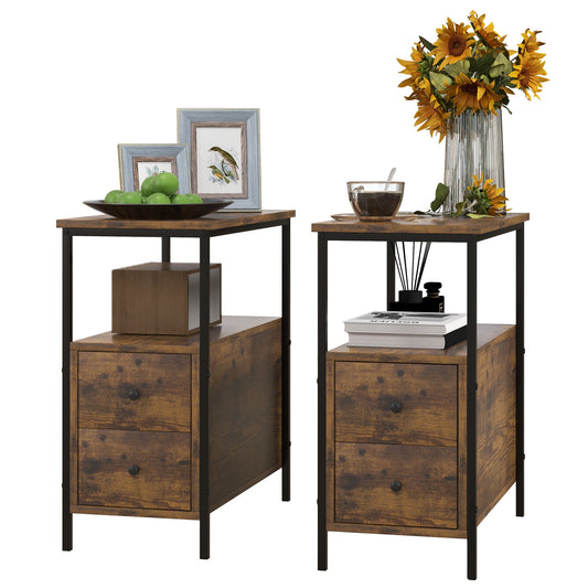 HOMCOM et of 2 Side Table, Narrow Bedside Table with 2 Drawers and Storage Shelf, Industrial End Table with Metal Frame for Small Spaces, Rustic Brown