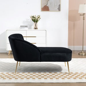 Black Velvet Chaise Lounge Sofa with Shell Back Design and Golden Steel Legs