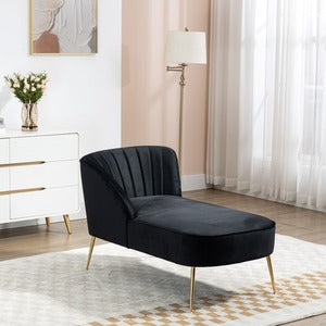 Black Velvet Chaise Lounge Sofa with Shell Back Design and Golden Steel Legs