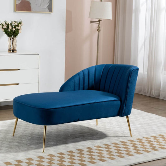 Vieste Blue Velvet Chaise Lounge Sofa with Golden Legs and Shell Back Design