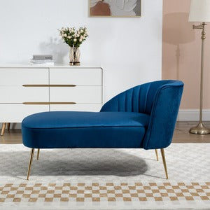 Vieste Blue Velvet Chaise Lounge Sofa with Golden Legs and Shell Back Design