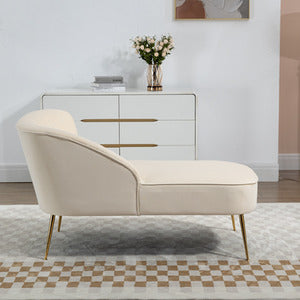 Cream Velvet Chaise Lounge Sofa with Shell Back Design and Golden Legs