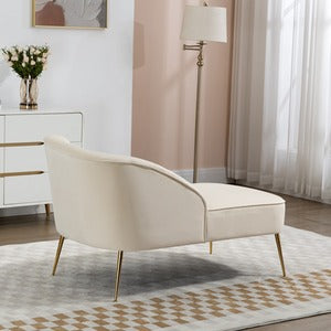 Cream Velvet Chaise Lounge Sofa with Shell Back Design and Golden Legs