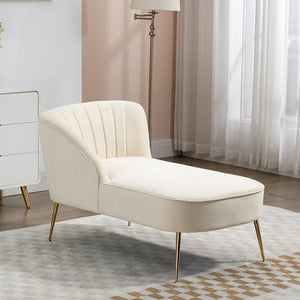 Cream Velvet Chaise Lounge Sofa with Shell Back Design and Golden Legs