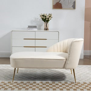 Cream Velvet Chaise Lounge Sofa with Shell Back Design and Golden Legs