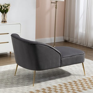 Grey Velvet Chaise Lounge Sofa with Golden Legs and Shell Back Design