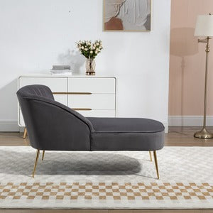 Grey Velvet Chaise Lounge Sofa with Golden Legs and Shell Back Design