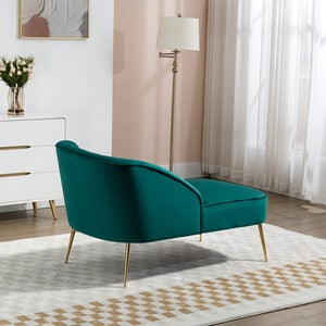 Green Velvet Chaise Lounge Sofa - Shell Back Design with Golden Legs, No Assembly Required