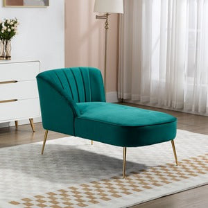 Green Velvet Chaise Lounge Sofa - Shell Back Design with Golden Legs, No Assembly Required