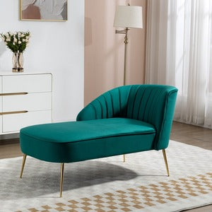 Green Velvet Chaise Lounge Sofa - Shell Back Design with Golden Legs, No Assembly Required