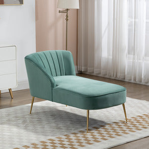 Mint Green Velvet Chaise Lounge Sofa with Golden Legs - Shell Back Design, No Assembly Needed