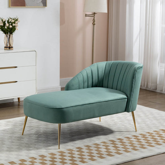 Mint Green Velvet Chaise Lounge Sofa with Golden Legs - Shell Back Design, No Assembly Needed