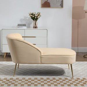 Beige Velvet Chaise Lounge Sofa with Golden Legs and Shell Back Design