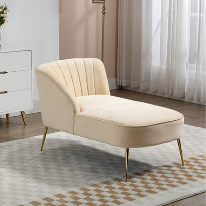 Beige Velvet Chaise Lounge Sofa with Golden Legs and Shell Back Design