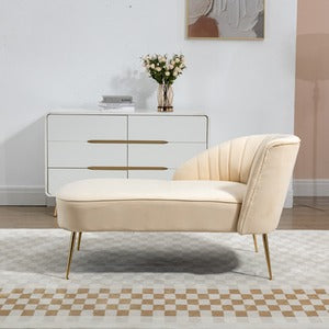 Beige Velvet Chaise Lounge Sofa with Golden Legs and Shell Back Design