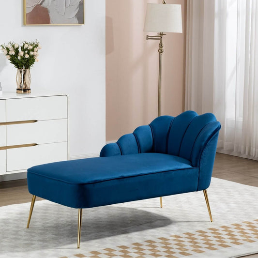 Lissone Blue Velvet Chaise Lounge Sofa with Golden Legs and Shell Back Design