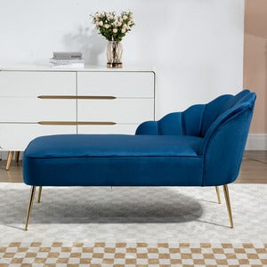 Lissone Blue Velvet Chaise Lounge Sofa with Golden Legs and Shell Back Design