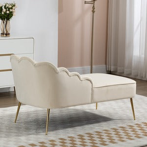 Cream Velvet Chaise Lounge Sofa with Golden Legs and Ergonomic Shell Back Design