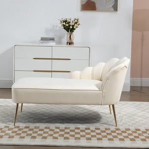 Cream Velvet Chaise Lounge Sofa with Golden Legs and Ergonomic Shell Back Design