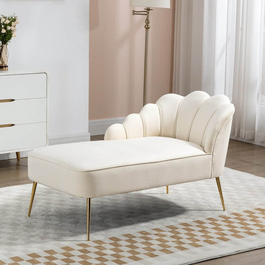 Cream Velvet Chaise Lounge Sofa with Golden Legs and Ergonomic Shell Back Design