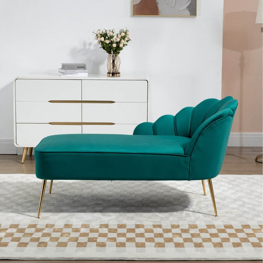 Lissone Green Velvet Chaise Lounge Sofa with Golden Legs and Shell Back Design