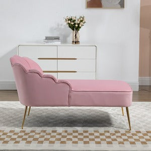 Pink Velvet Chaise Lounge with Solid Wood Frame and Golden Legs