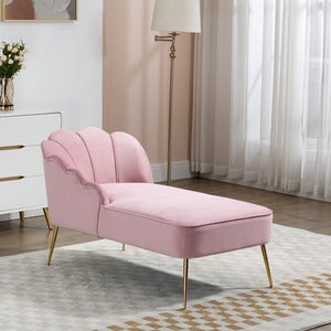 Pink Velvet Chaise Lounge with Solid Wood Frame and Golden Legs