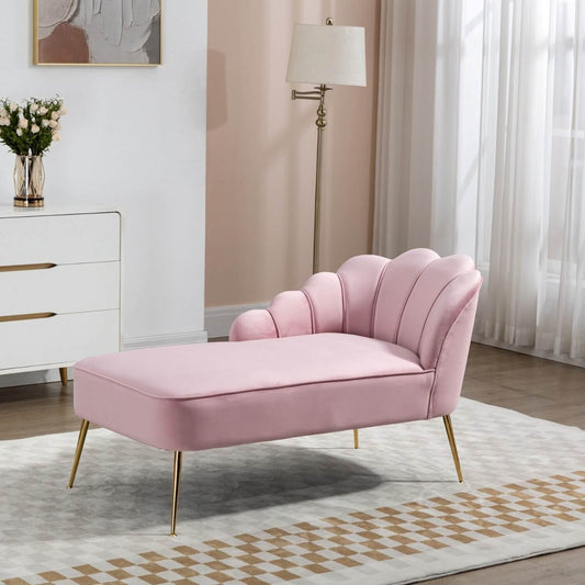 Pink Velvet Chaise Lounge with Solid Wood Frame and Golden Legs