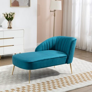 Teal Velvet Chaise Lounge Sofa with Ergonomic Shell Back and Golden Legs