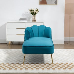 Teal Velvet Chaise Lounge Sofa with Ergonomic Shell Back and Golden Legs