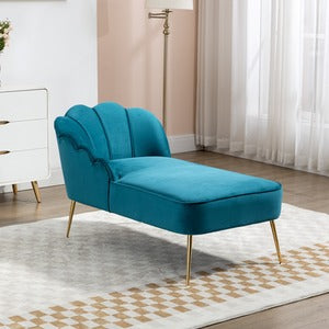 Teal Velvet Chaise Lounge Sofa with Ergonomic Shell Back and Golden Legs