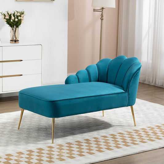 Teal Velvet Chaise Lounge Sofa with Ergonomic Shell Back and Golden Legs