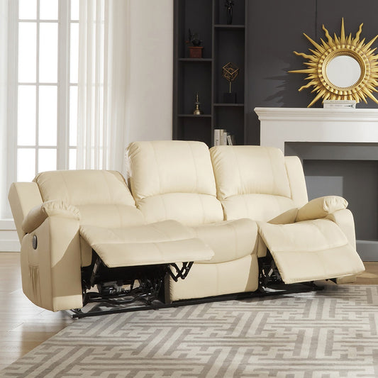 Cream Electric Reclining Sofa - Glendale 3-Seater Leather Couch with USB Charging