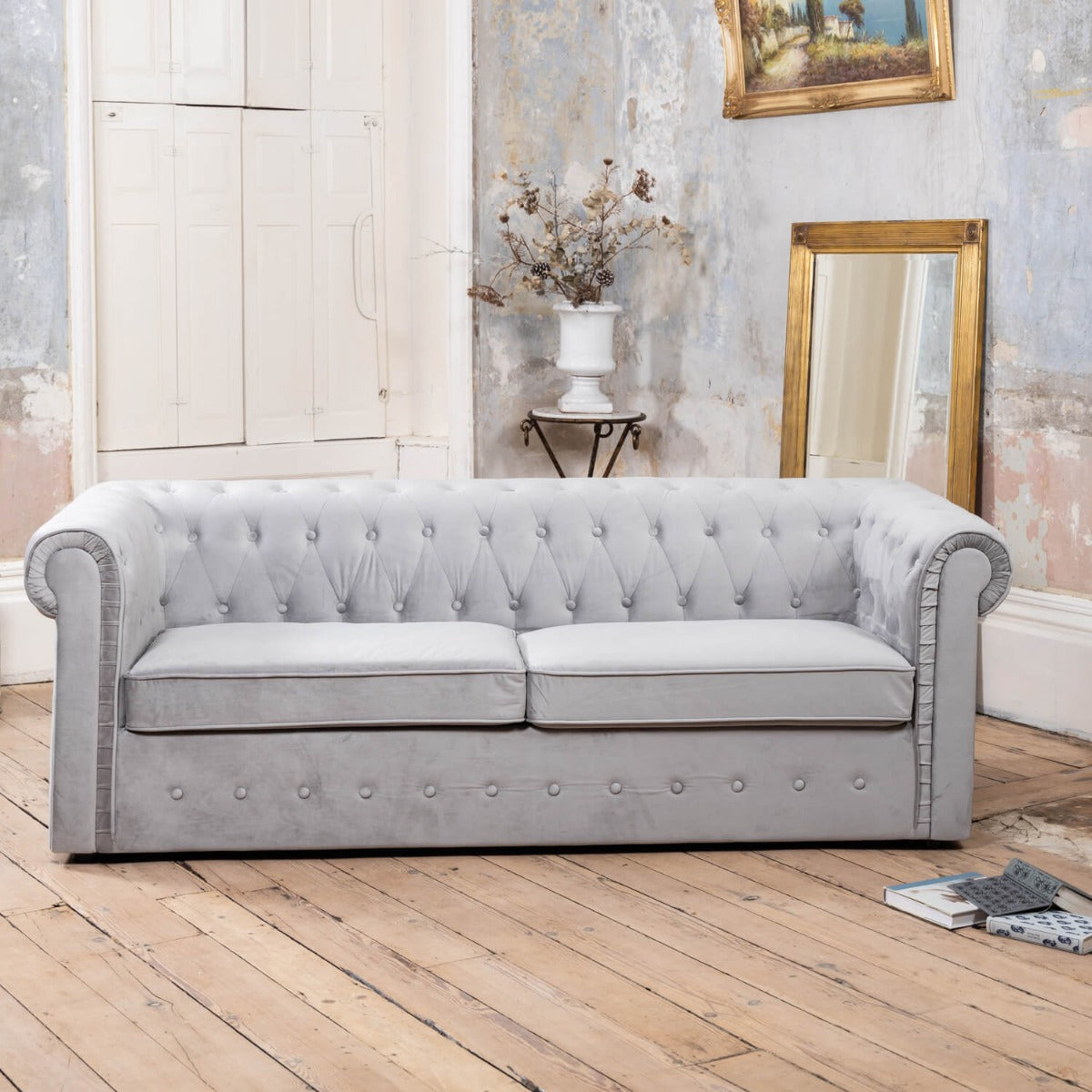 Pelham Velvet Chesterfield 3 Seat Sofabed - Grey