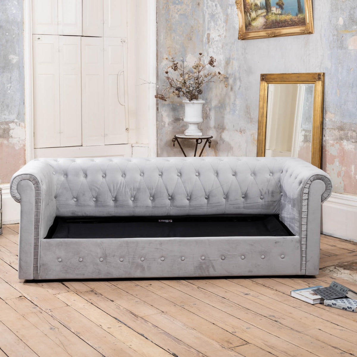 Pelham Velvet Chesterfield 3 Seat Sofabed - Grey