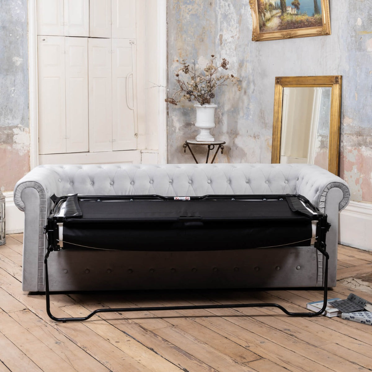 Pelham Velvet Chesterfield 3 Seat Sofabed - Grey