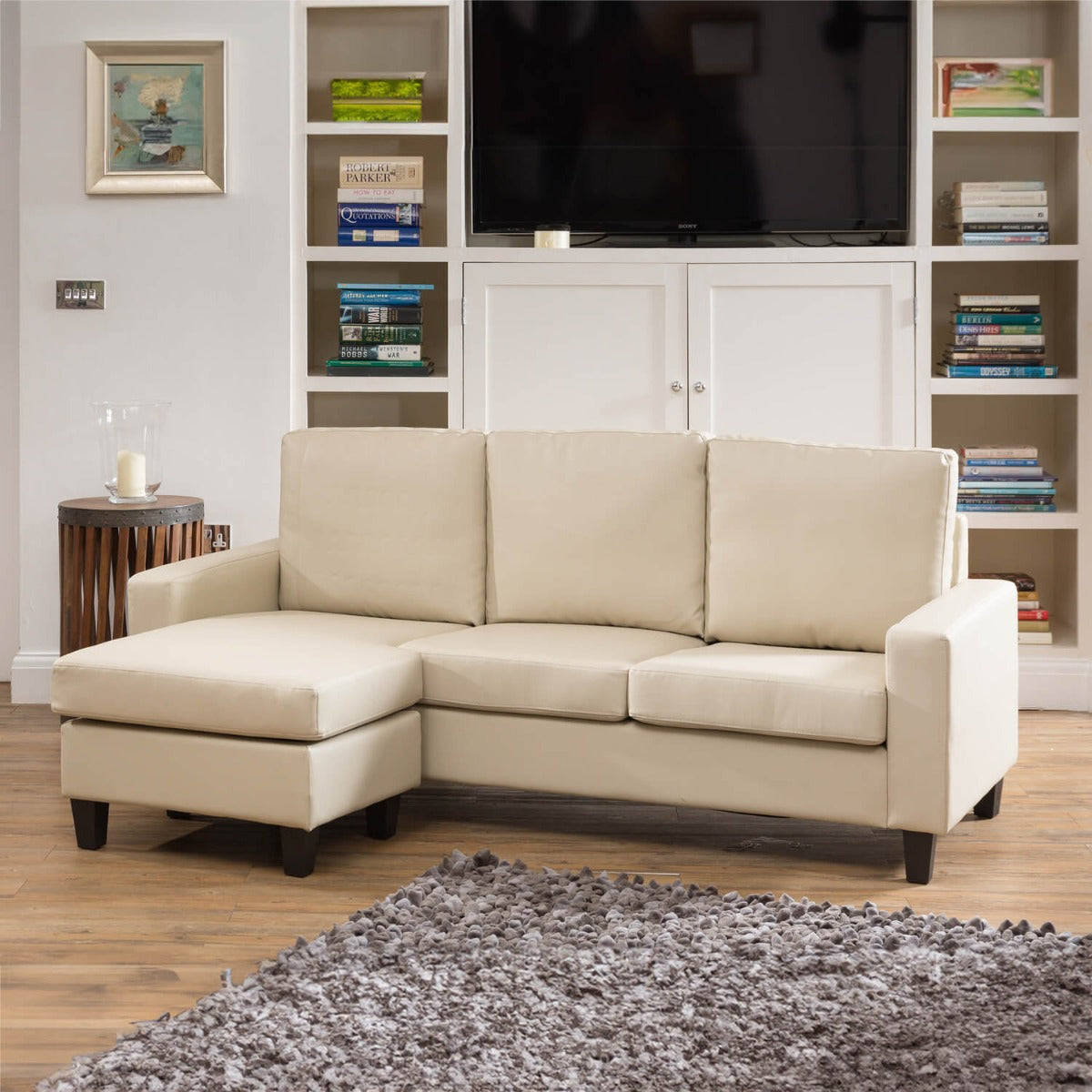 Reversible Compact Corner Sofa in Cream Bonded Leather - Modena